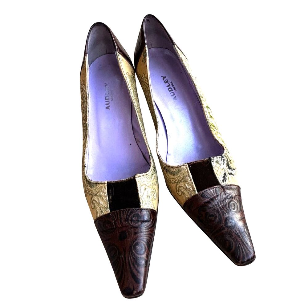 Vintage Audley London EU 39 high heel pumps tooled leather & tapestry unique
